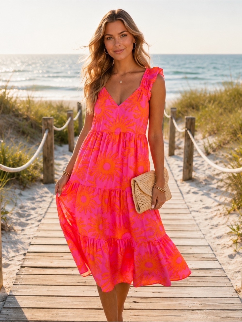 J. Marie Sun Print Tiered Midi Dress NWT Pink Orange Ruffle Summer Dress Size L